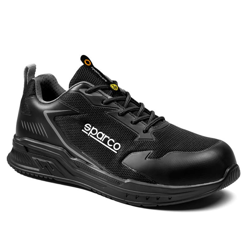 Scarpa Turbo Clamp nera con dettagli grigi, vista a tre quarti
