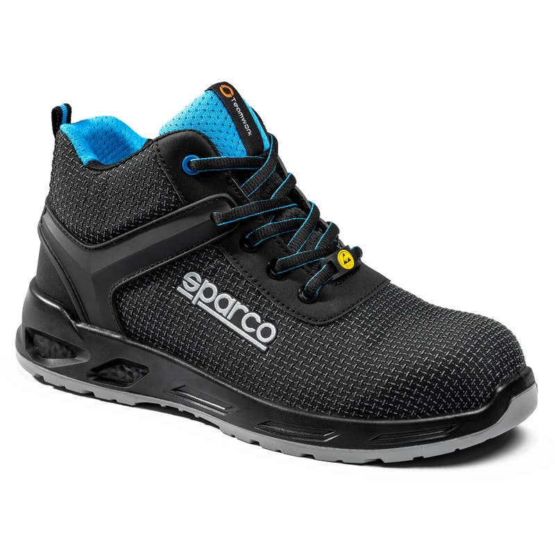 Scarpa alta Horizon Tek-H Rialto nera con dettagli azzurri, vista a tre quarti